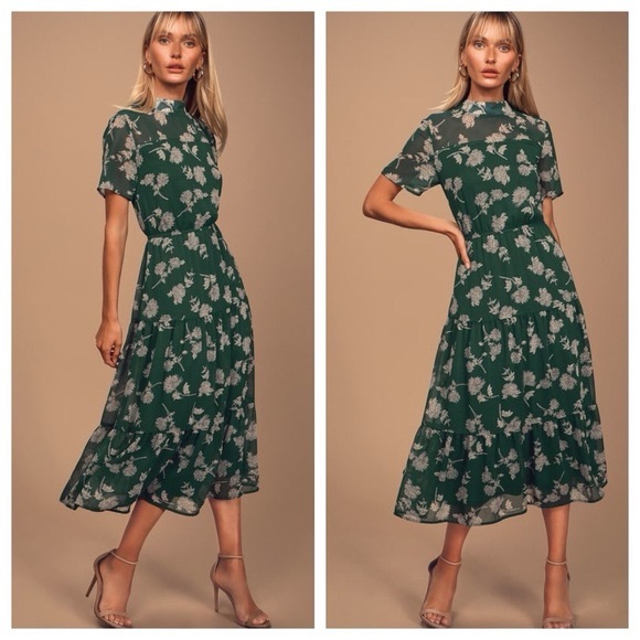 ❤️ Lulus ‘Dressed Up’ Dark Green Floral Chiffon Maxi Dress - Picture 7 of 7